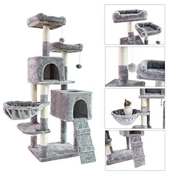 Hey-brother 58'' Multi-Level Cat Tree Condo Furniture with Sisal-Covered Scratching Posts, 2 Plush Condos, Hammock for Kittens, Cats and Pets Light Gray MPJ013W
