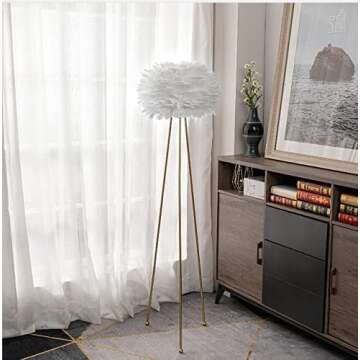 Maxax 60" Feather Floor Lamp, Tripod Floor Lamp with White Feather Shade, Modern Gold Standing Light for Bedrooms/Dining Room/Living Room/Kitchen