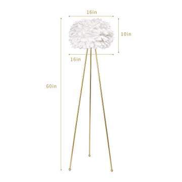 Maxax 60" Feather Floor Lamp, Tripod Floor Lamp with White Feather Shade, Modern Gold Standing Light for Bedrooms/Dining Room/Living Room/Kitchen