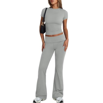 Trendy Queen Lounge Sets for Women 2 Piece Casual Y2K Outfits Short Sleeve Cropped Tops Fold Over Fl...