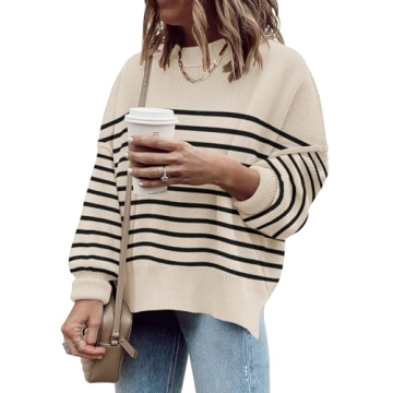 Women's Oversized Crewneck Sweaters Batwing Long Sleeve Side Slit Ribbed Knit Pullover Sweater Tops