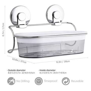 LEVERLOC Shower Caddy Suction Cup NO-Drilling Removable Shower Basket Powerful Heavy Duty Max Hold 22lbs Caddy Suction Cup Waterproof Caddy Organizer for Bathroom & Kitchen - Chrome L