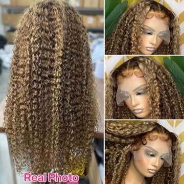 CYNOSURE 4/27 Highlight 13x5 Lace Front Wigs Human Hair Curly Wave Ombre Honey Blonde HD Lace Front ...
