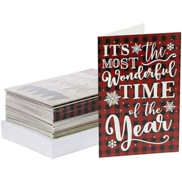 Sustainable Greetings 48 Pack Christmas Cards with Envelopes for Mailing and Sending Holiday Wishes, 4x6 Holiday Cards, Festive Red Plaid Greeting Cards for Xmas, 6 Assorted Designs