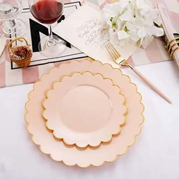 LIYH 60pcs Pink Plastic Plates with Gold, Disposable Plastic Plates Includes: 30 Pink Dinner Plates 10.25" and 30 Pink Dessert Plates 7.5" Gold Plastic Plates,Baby Shower Plates Daisy Plates