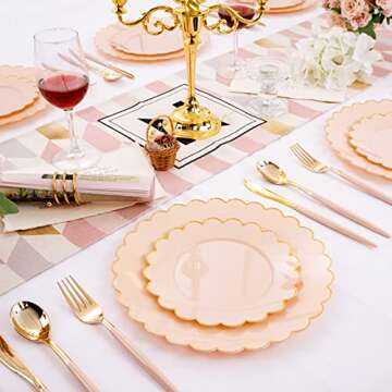 LIYH 60pcs Pink Plastic Plates with Gold, Disposable Plastic Plates Includes: 30 Pink Dinner Plates 10.25" and 30 Pink Dessert Plates 7.5" Gold Plastic Plates,Baby Shower Plates Daisy Plates
