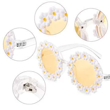2 Pairs Daisy Flower Sunglasses for Women Round Flower Glasses for Adult kids Decor with Glasses Cloth Flannel Bag (Grey, Yellow)