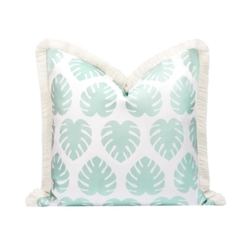 Hofdeco Premium Fall Coastal Pillow Cover 20x20, Water Repellent, Aqua Monstera Fringe