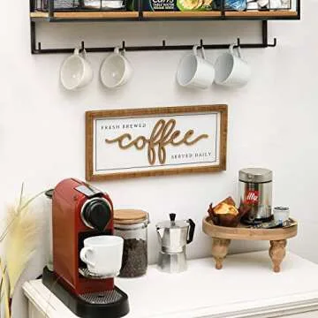 NIKKY HOME Farmhouse Coffee Signs For Coffee Bar, Vintage Wood Coffee Station Decorations For Home Counter And Kitchen, Rustic Wood Framed Hanging Wall Plaque 16x7 Inch