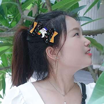Haakong 8Pcs Halloween Hair Accessories Headdress Halloween Glitter Bows Spider Hair Clip Pumpkin Hair Bow Ghost Hair Barrette Glitter Hair Clip Girls Party Dance Hair Barrettes