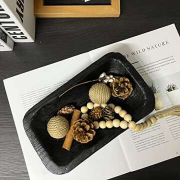 hanlin Wooden Dough Bowl Decor , Vintage Wooden Bowl Hand Carved Home Decor for Dining Table Center, Living Room, Kitchen Decor. (10in black)