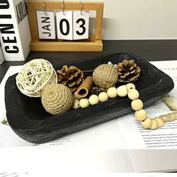 hanlin Wooden Dough Bowl Decor , Vintage Wooden Bowl Hand Carved Home Decor for Dining Table Center, Living Room, Kitchen Decor. (10in black)