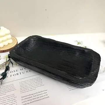 hanlin Wooden Dough Bowl Decor , Vintage Wooden Bowl Hand Carved Home Decor for Dining Table Center, Living Room, Kitchen Decor. (10in black)