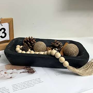 hanlin Wooden Dough Bowl Decor , Vintage Wooden Bowl Hand Carved Home Decor for Dining Table Center, Living Room, Kitchen Decor. (10in black)