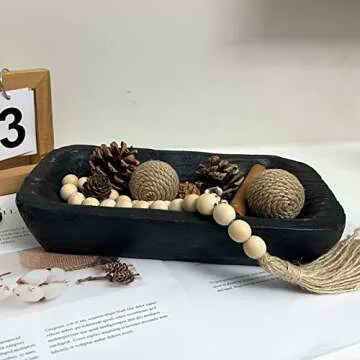 hanlin Wooden Dough Bowl Decor , Vintage Wooden Bowl Hand Carved Home Decor for Dining Table Center, Living Room, Kitchen Decor. (10in black)