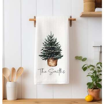 Personalized Country Christmas Tree Tea Towel, Winter Holiday Waffle Weave Tea Towel, Hostess Gift, ...