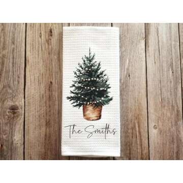 Personalized Country Christmas Tree Tea Towel, Winter Holiday Waffle Weave Tea Towel, Hostess Gift, Holiday Decor
