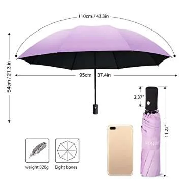 Travel Umbrella Compact Auto Open Close Womens Sun Rain Folding Umbrella with Sleeve Purple