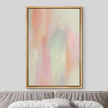 MUDECOR Framed Canvas Print Wall Art Pink Green Pastel Paint Stroke Collage Abstract Shape Illustrations Modern Art Decorative Bohemian Chic for Living Room, Bedroom, Office - 24"x36" Natural