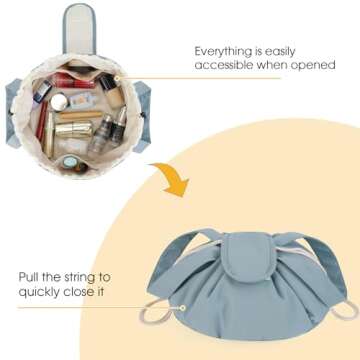 Barrel Drawstring Makeup Bag Large Cosmetic Bag Make up Bags Toiletry Organizer for Women Gift for Teen Girls (Greyish Blue) (Patent)