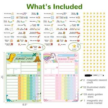 Magnetic Dry Erase Chore Chart for Two Kids, Reward Chart for Kids Behavior. Includes 52 Static Task...