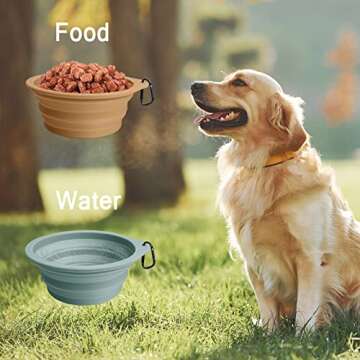 PetBonus 2-Pack Silicone Collapsible Dog Bowls, BPA Free Dishwasher Safe, Portable Foldable Expandable Travel Bowl, Food Water Feeding Cup Dish for Dogs Cats with 2 Carabiners (Turquoise, Tan)