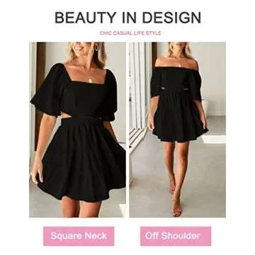 Women's Summer Dresses Square Neck Casual Short Sleeves Crossover Elastic Waist Party Mini Dress Black XS