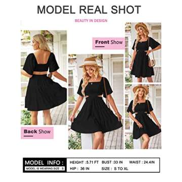 Women's Summer Dresses Square Neck Casual Short Sleeves Crossover Elastic Waist Party Mini Dress Black XS