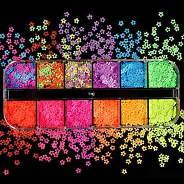 Nail Art Decals 12 Colors Fluorescent Flower Style Nail Glitter Sequins 3D Nails Art Stickers Manicure Fluorescent Flower Sequins Decoration Decals Supplies, Nail Art Flake Acrylic for Women
