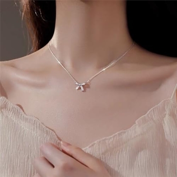 YUEXIAODOU Silver Bow Pendant Necklace - Trendy Gift for Her