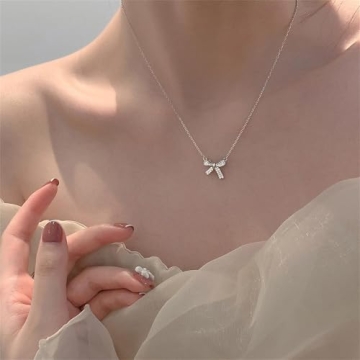 YUEXIAODOU Silver Bow Pendant Necklace - Trendy Gift for Her