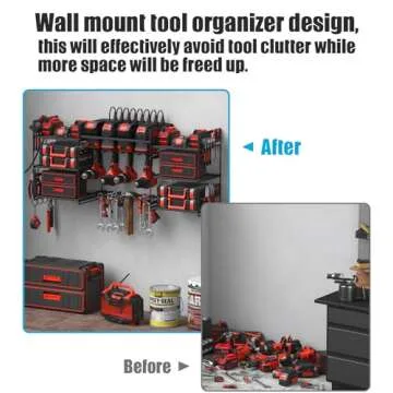 CCCEI Black Power Tools Organizers Wall Mount, Large Tools and Battery Storage Rack Charging Station. 8 Drill Holder, All Metal, Garage Utility Shelves with 6FT Power Strip. Gift for Men.