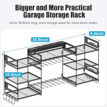 CCCEI Black Power Tools Organizers Wall Mount, Large Tools and Battery Storage Rack Charging Station. 8 Drill Holder, All Metal, Garage Utility Shelves with 6FT Power Strip. Gift for Men.