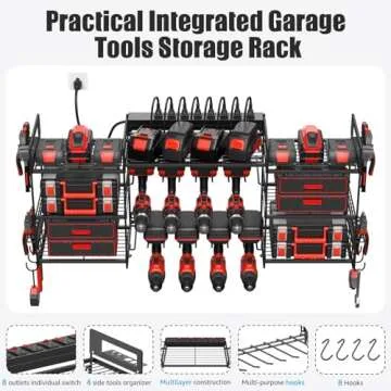 CCCEI Black Power Tools Organizers Wall Mount, Large Tools and Battery Storage Rack Charging Station. 8 Drill Holder, All Metal, Garage Utility Shelves with 6FT Power Strip. Gift for Men.