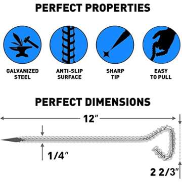 Sharp Tent Pegs 5 Pack - 12 inch Galvanized Strong Tent Stakes Heavy Duty - Steel Stakes for Sand, Camping, Wedding, Mountains