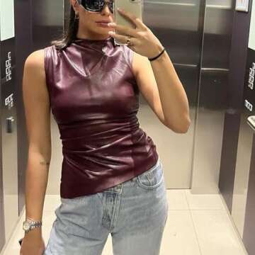 aihuajie Women's FashionFaux Leather Pleated Sleeveless Asymmetrical Mock Neck Slim Tank Top (wRed,S)