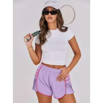 Caracilia Women Running Shorts Flowy Pleated Athletic Shorts Summer High Waisted Tennis Sporty Workout Gym Shorts Light Purple Small