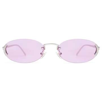 SOJOS Trendy Oval Rimless Sunglasses for Women Retro Y2k Sunnies with Rhinestones SJ1227, Silver/Purple