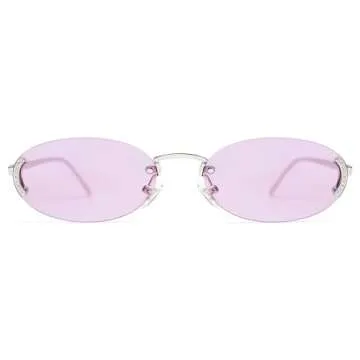 SOJOS Trendy Oval Rimless Sunglasses for Women Retro Y2k Sunnies with Rhinestones SJ1227, Silver/Purple