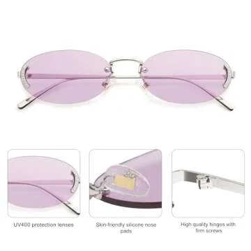 SOJOS Trendy Oval Rimless Sunglasses for Women Retro Y2k Sunnies with Rhinestones SJ1227, Silver/Purple