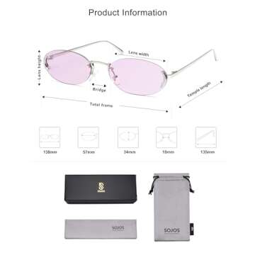 SOJOS Trendy Oval Rimless Sunglasses for Women Retro Y2k Sunnies with Rhinestones SJ1227, Silver/Purple