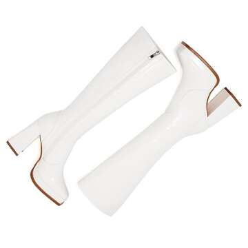 ZXHYZLZ Women’s White Go Go Boots - PU Material Square Toe Zipper Knee-High Boots with Platform.Si...