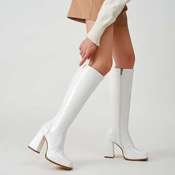 ZXHYZLZ Women’s White Go Go Boots - PU Material Square Toe Zipper Knee-High Boots with Platform.Size 7.5