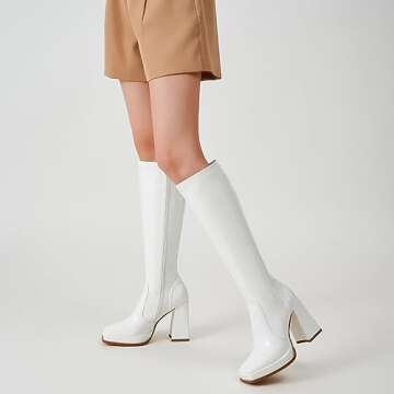 ZXHYZLZ Women’s White Go Go Boots - PU Material Square Toe Zipper Knee-High Boots with Platform.Size 7.5