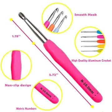 14 Size Crochet Hooks Set 2mm(B)-10mm(N), Ergonomic Crochet Hooks with Case for Arthritic Hands,Extra Long Crochet Needles