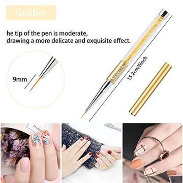 5Pcs Nail Art Liner Brushes UV Gel Painting Acrylic Nail Design Nylon Brush Pen Set Metal Diamond application Rhinestone Handle Salon, Nail Dotting Painting Drawing Crystal PenSize 5/7/9/11/20mm