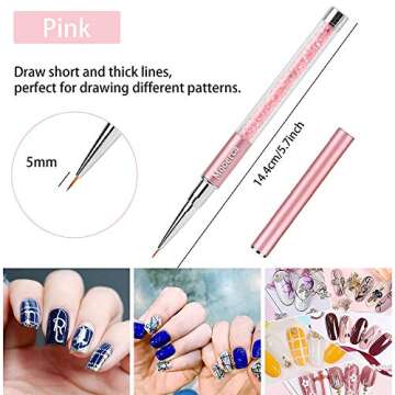 5Pcs Nail Art Liner Brushes UV Gel Painting Acrylic Nail Design Nylon Brush Pen Set Metal Diamond application Rhinestone Handle Salon, Nail Dotting Painting Drawing Crystal PenSize 5/7/9/11/20mm