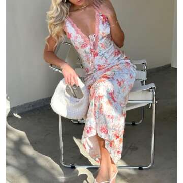 LXXIASHI Women Y2K Floral Printed Long Dress V Neck Backless Maxi Dress Sleeveless Going Out Sundress Summer Beach wear