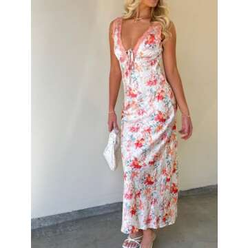 LXXIASHI Women Y2K Floral Printed Long Dress V Neck Backless Maxi Dress Sleeveless Going Out Sundress Summer Beach wear