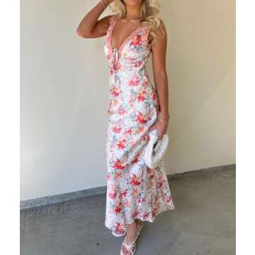 LXXIASHI Women Y2K Floral Printed Long Dress V Neck Backless Maxi Dress Sleeveless Going Out Sundress Summer Beach wear
